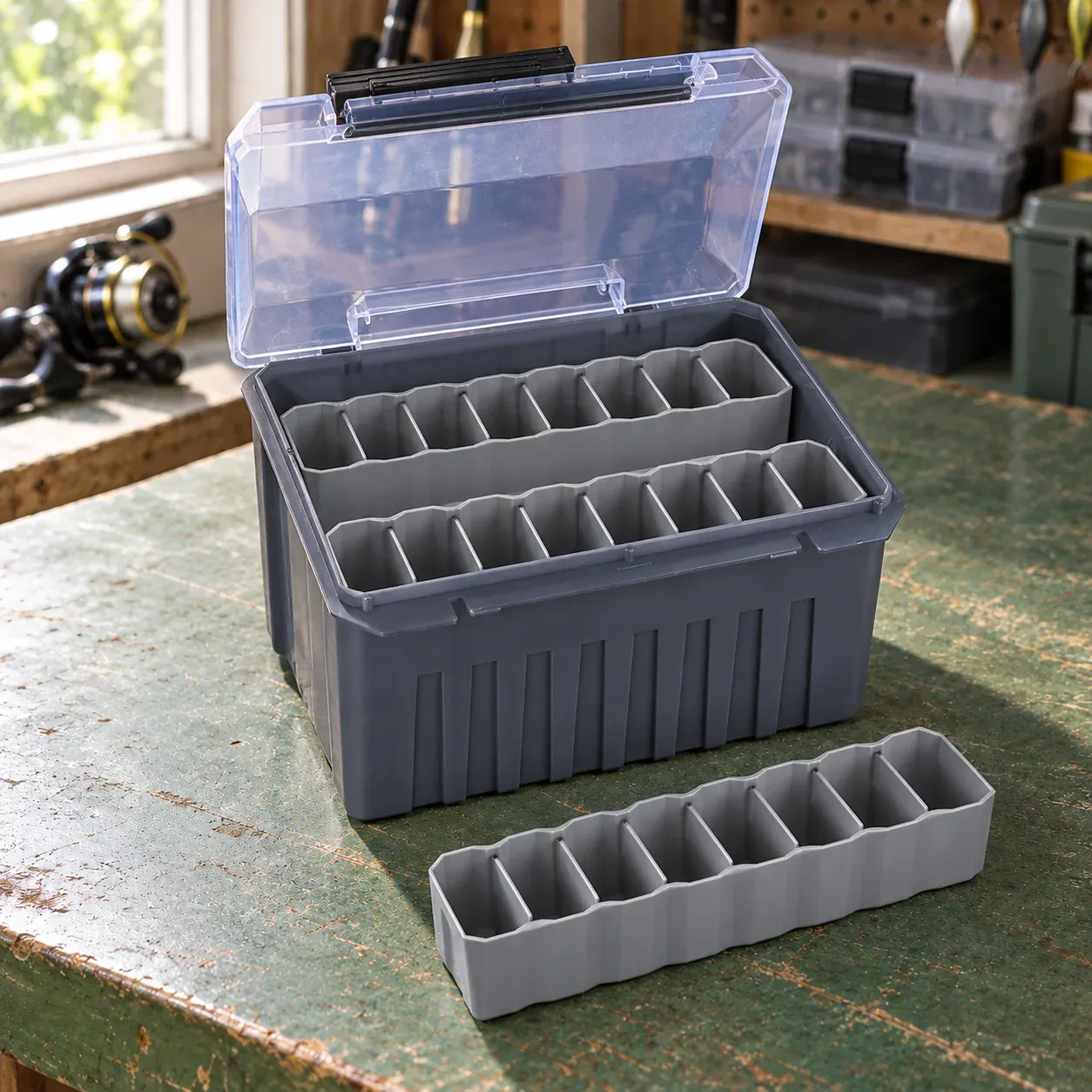Gray jig box open — three removable eight-slot trays, one lifted out