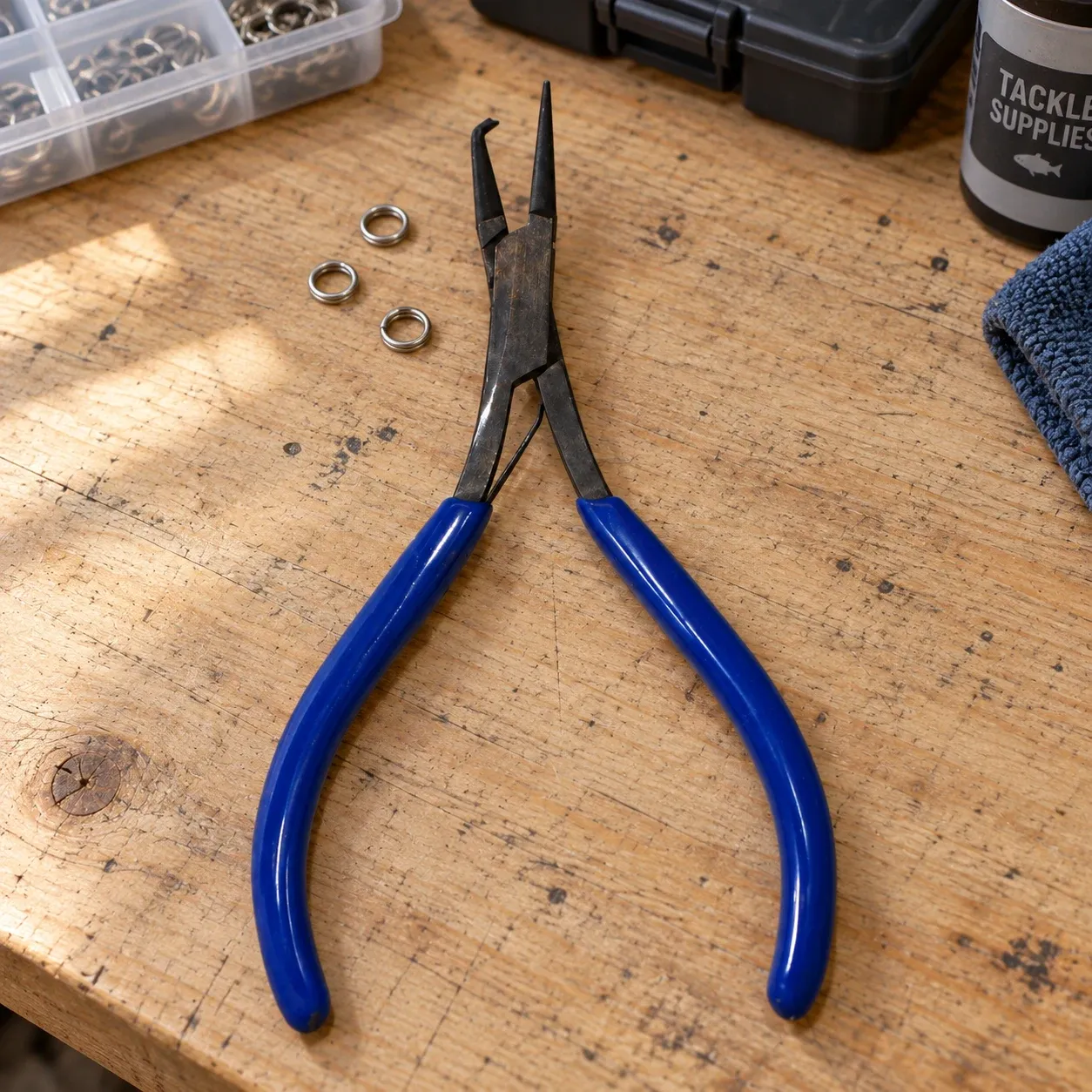 Blue-Handle Split Ring Pliers in a source-supported fishing workbench context; demonstration tackle props are not included