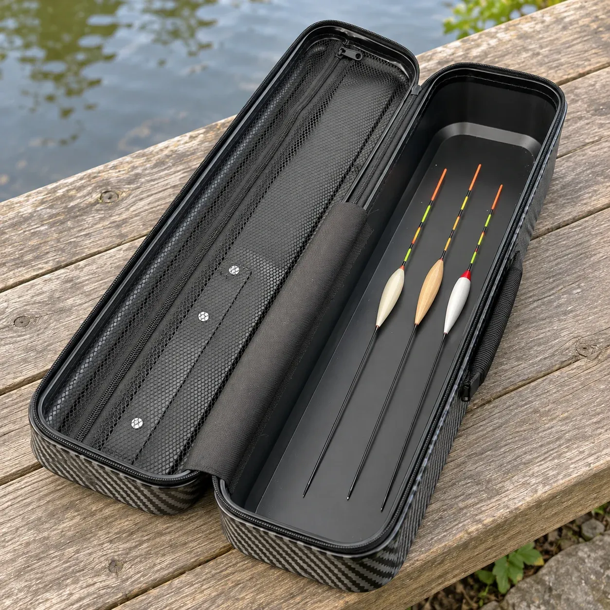 Hugo Float Case — Black and Gray / 68 cm — shown in use; props excluded
