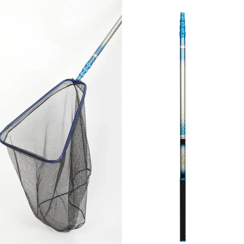 Blue triangular landing net with collapsed telescopic pole shown alongside its assembled head