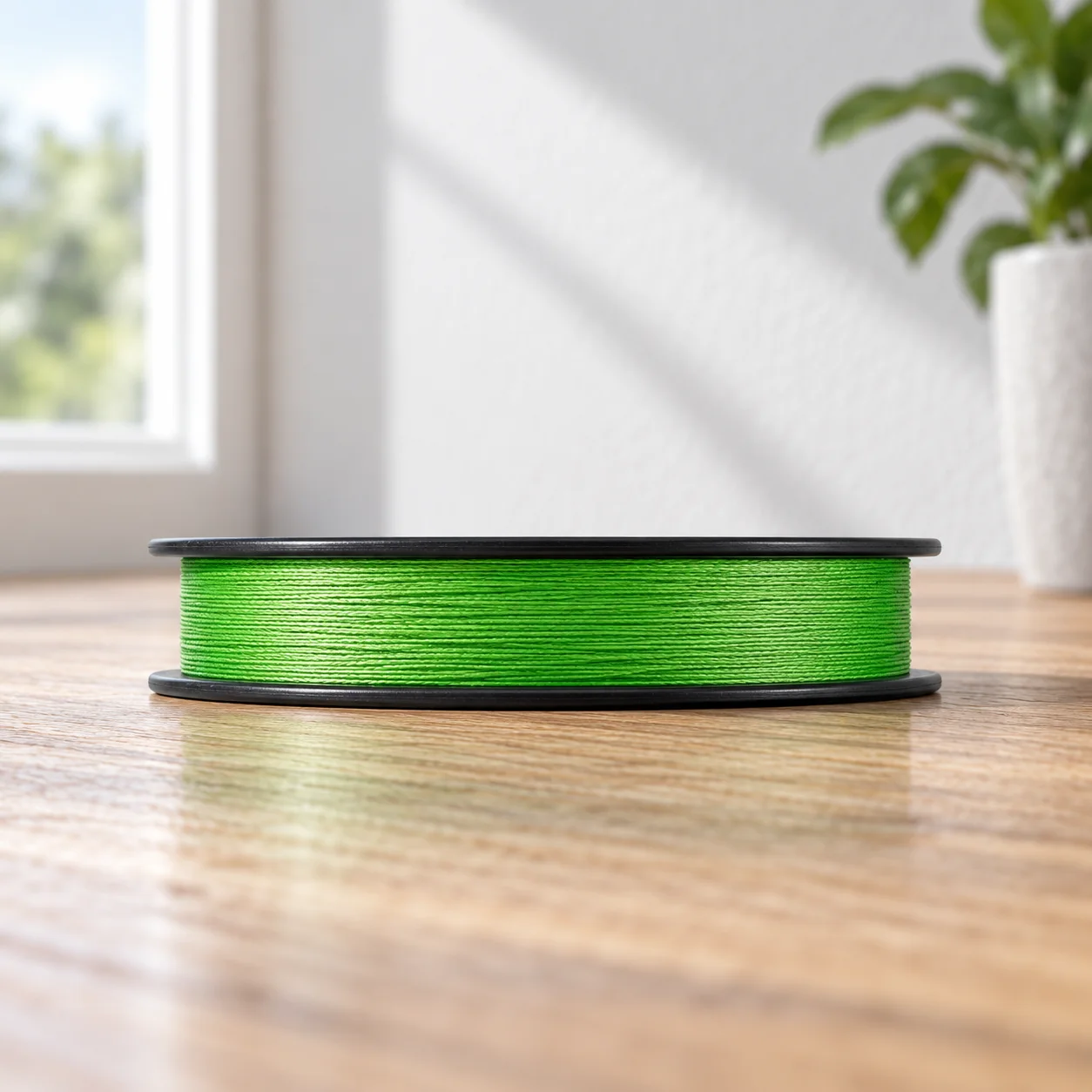 green four-strand braided fishing line on black spool: alternate view