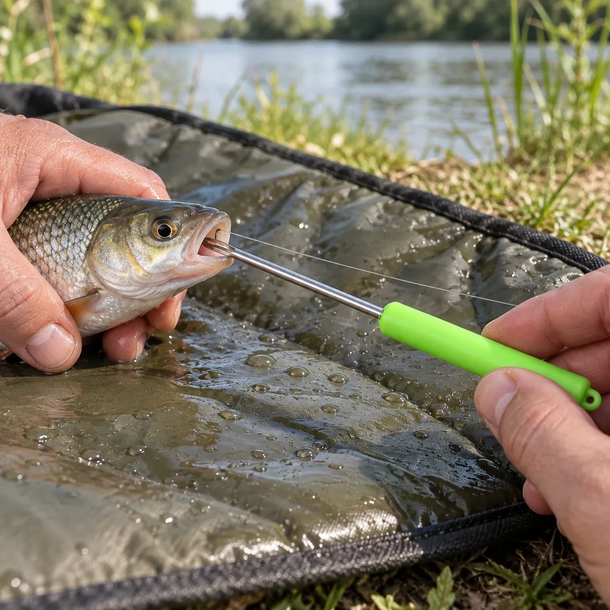 Lime Green disgorger guided toward hook in supported fish mouth on wet unhooking mat; scene props not included