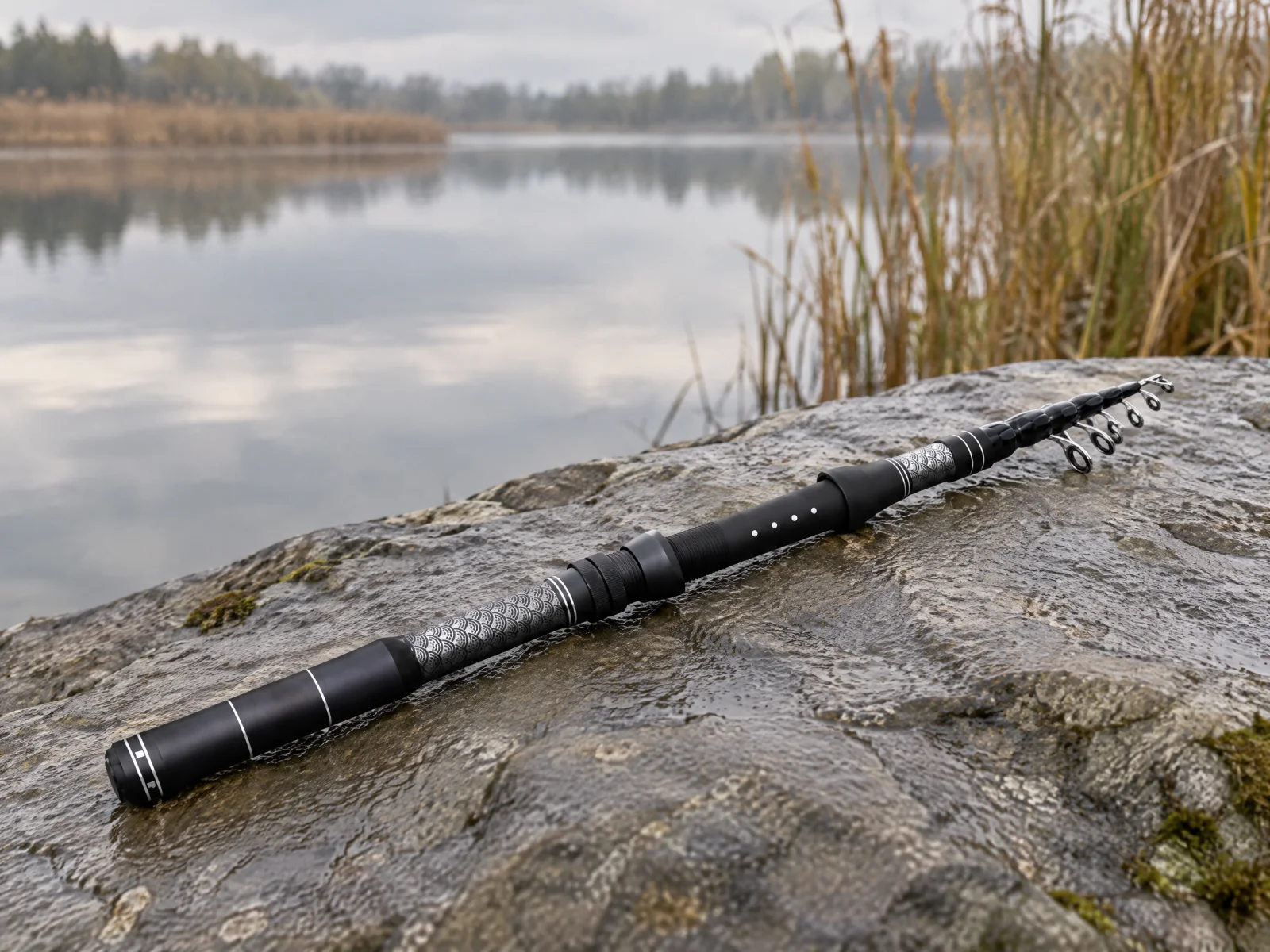 A collapsed fishing rod resting beside still water
