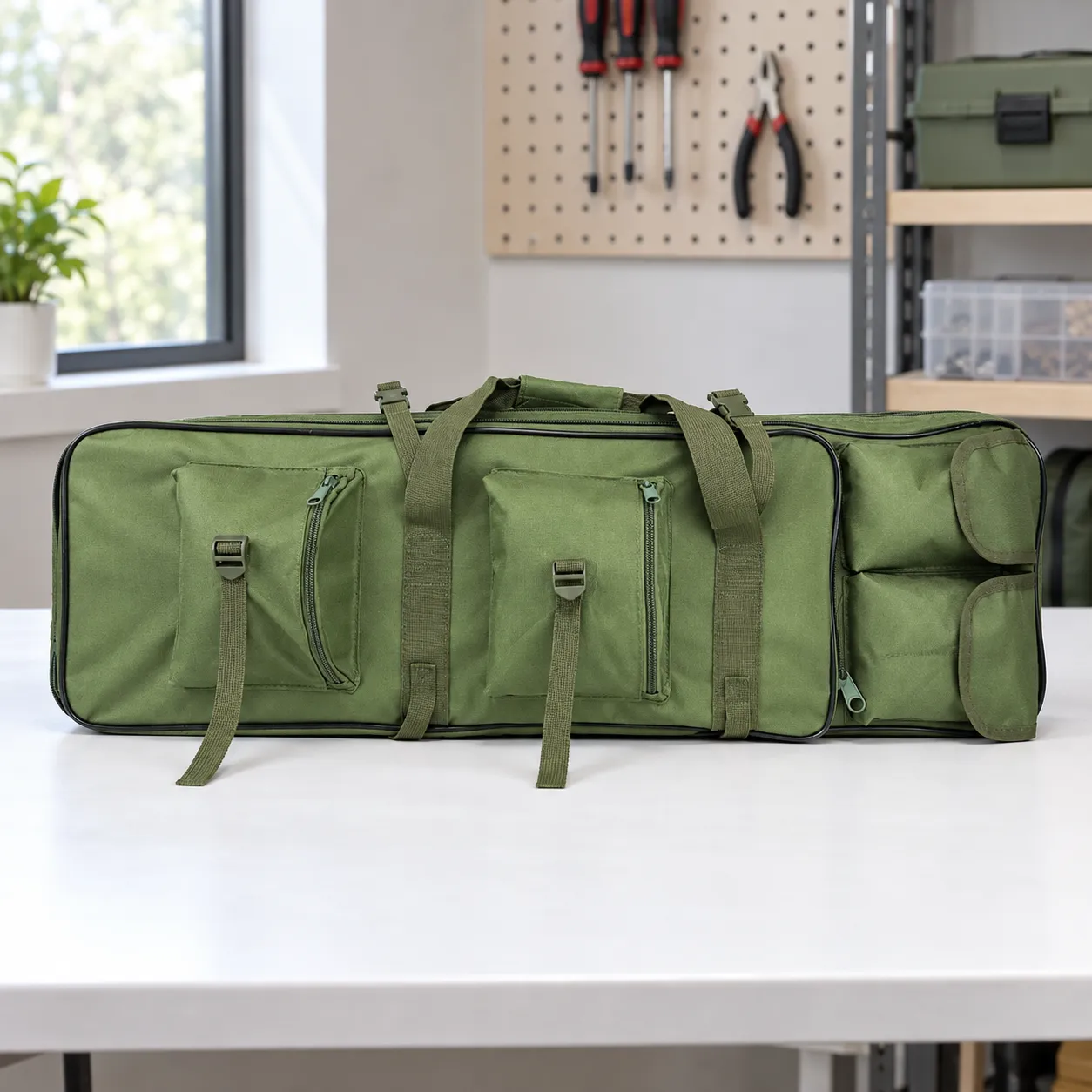 Complete olive green compact fishing rod bag