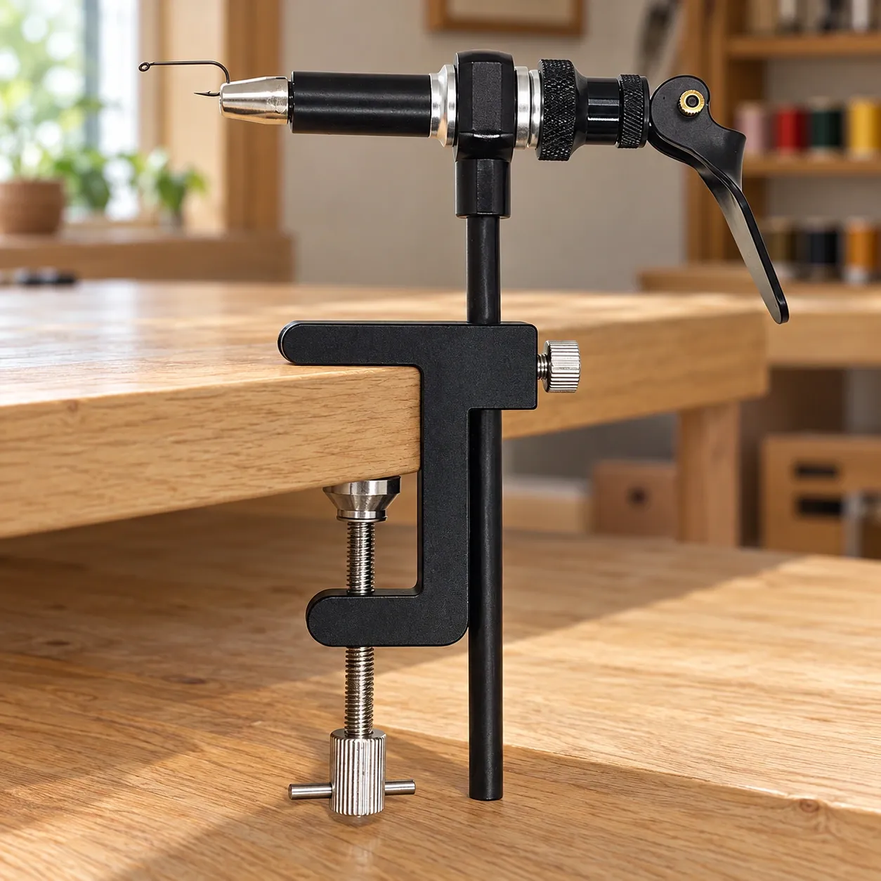 Tobias Fly Tying Vise - Rotary vise mounted at a table edge with demonstration hook