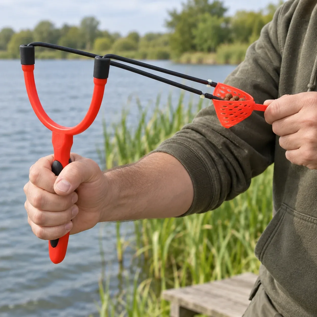 Keaton Bait Catapult held under a modest draw beside fishing water
