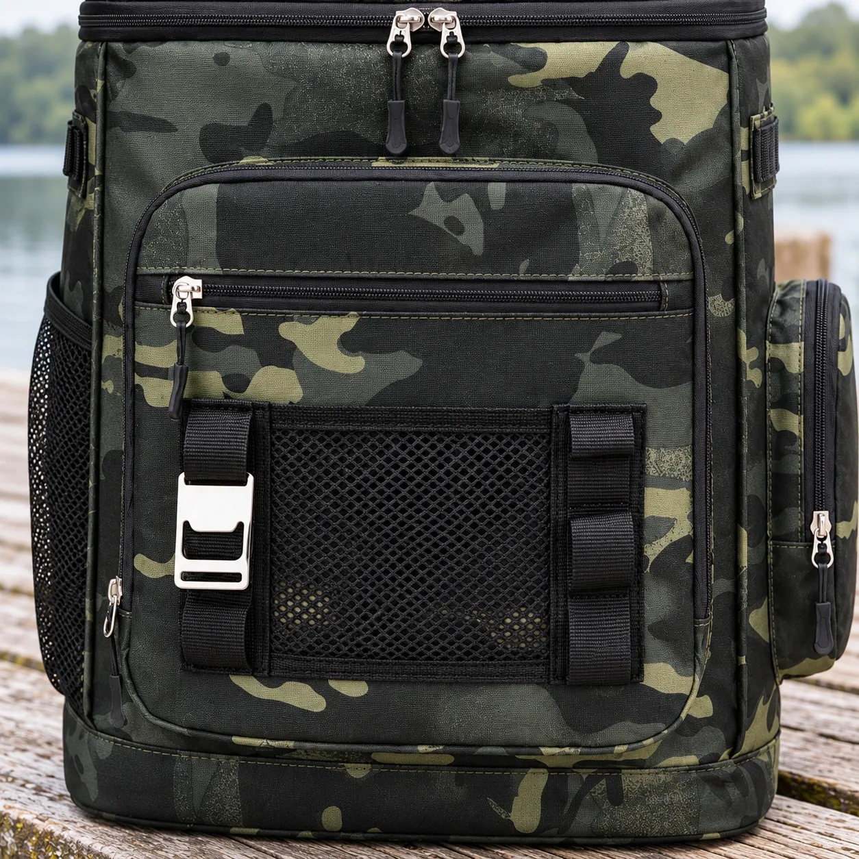 Bennett Cooler Backpack - Camouflage — front storage construction