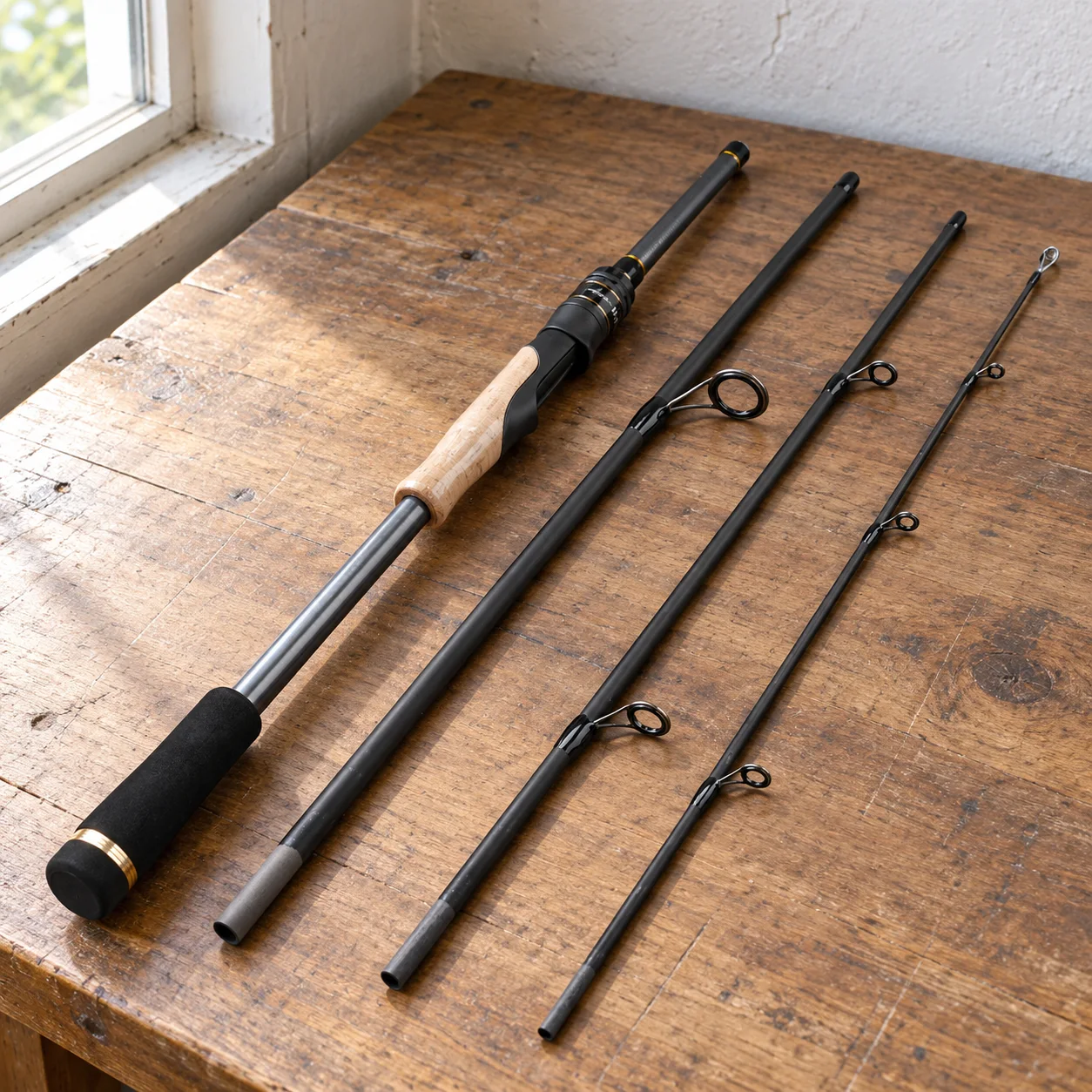 four-section 2.1 m ML spinning fishing rod: lead view; props not included