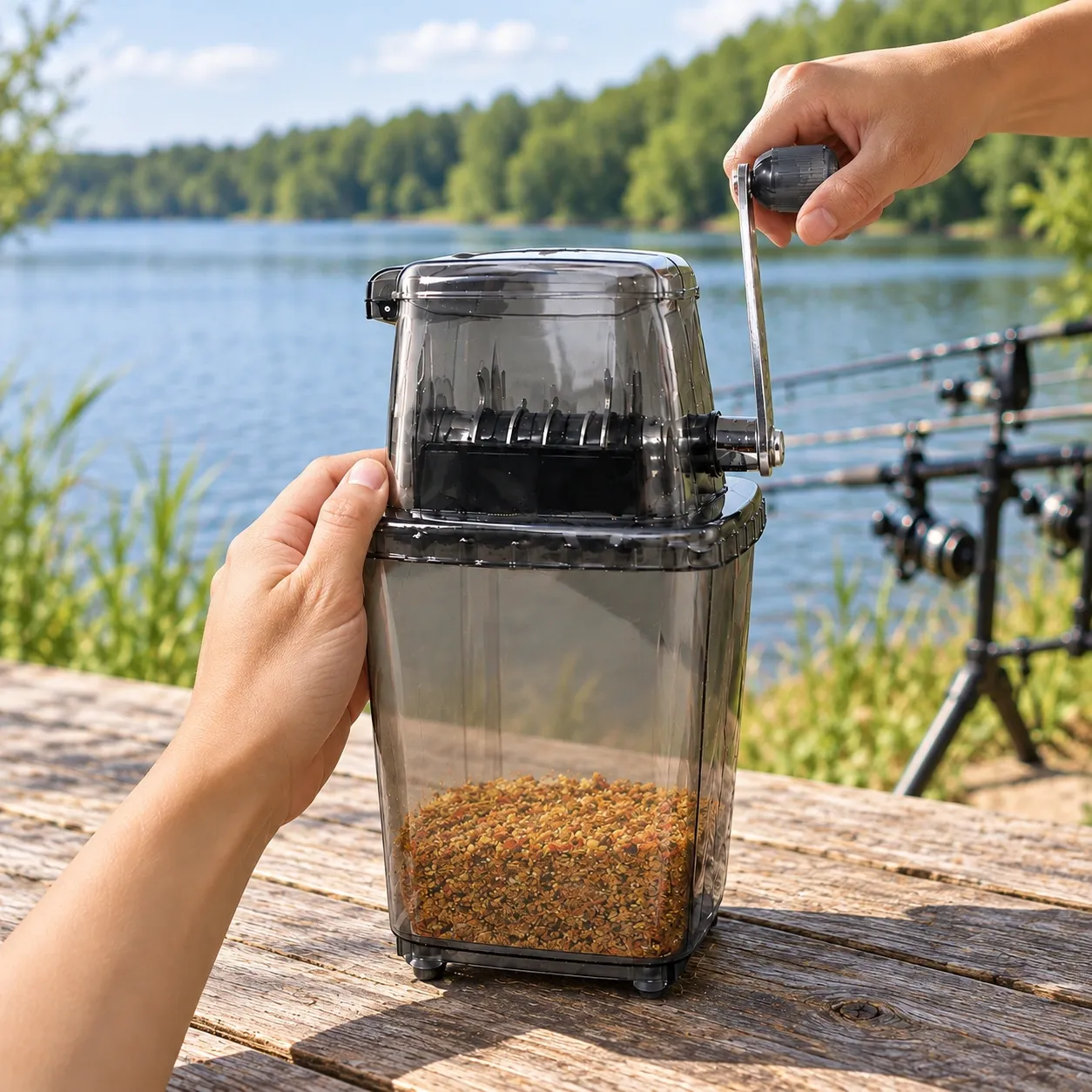 Gray manual bait grinder use
