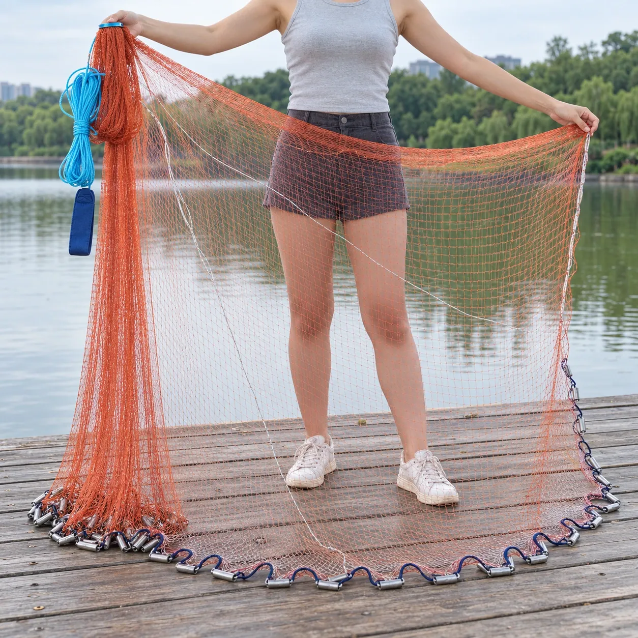 Killian Ringless Cast Net - Open net and connected handline