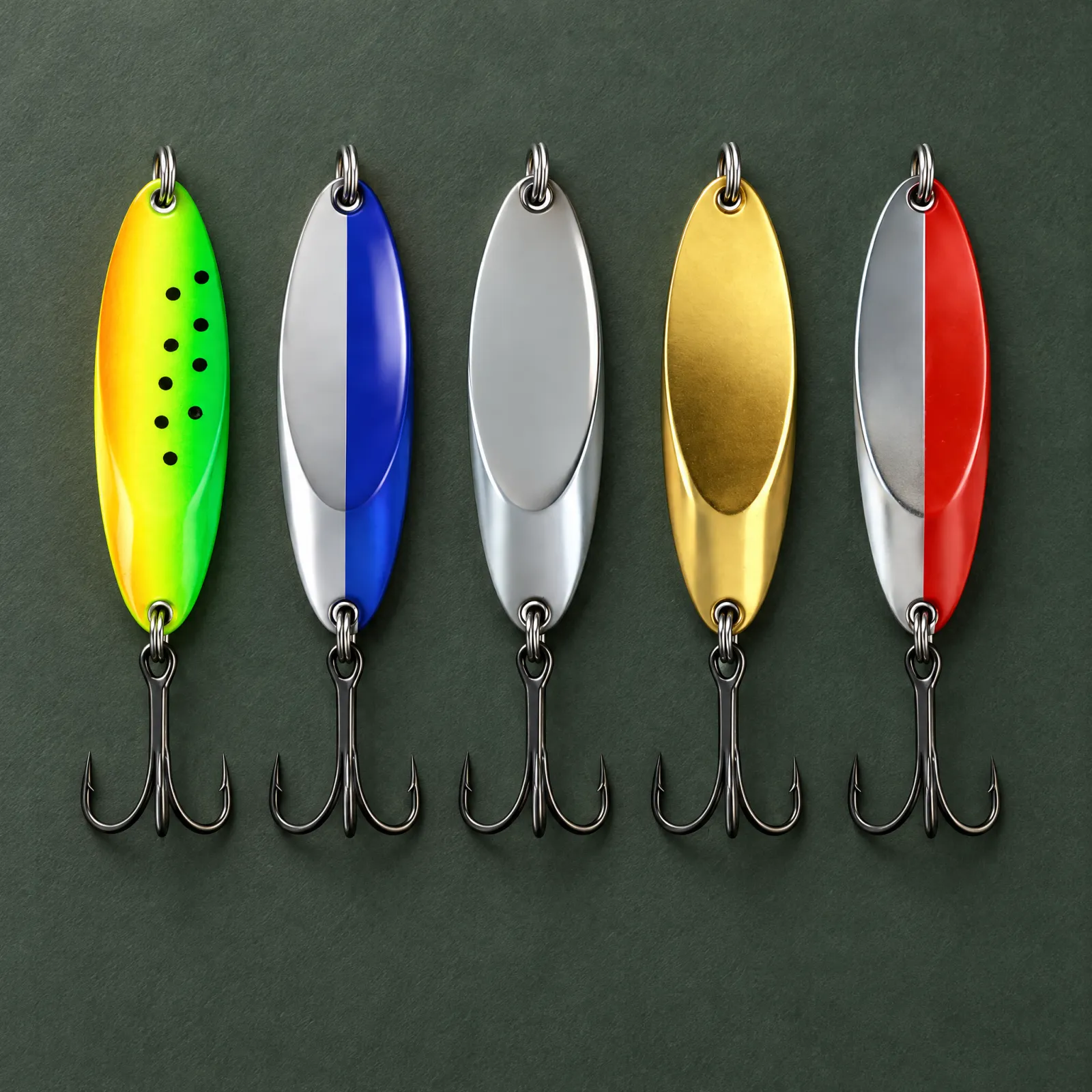 Five spoon lures with treble hooks