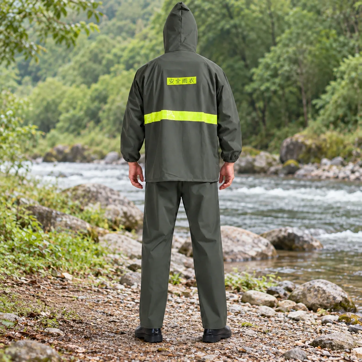 Garrett Two-Piece Rain Suit - Complete supported rear view with hood and back trim
