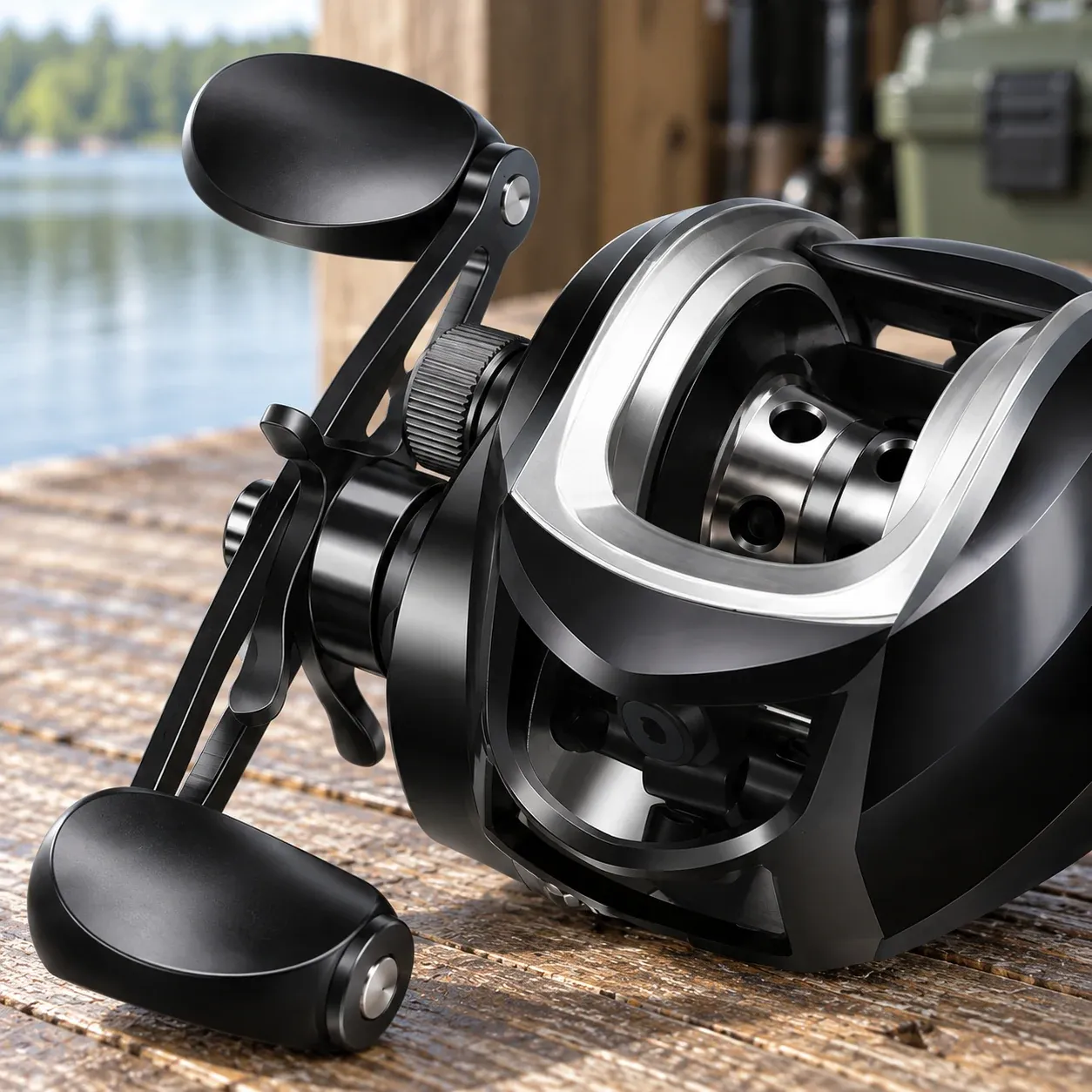 Colton Baitcasting Reel - Black and silver, right hand - construction detail