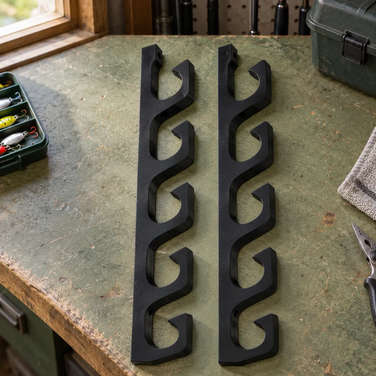 Black rod rack — one pair, two rails with five hooks each