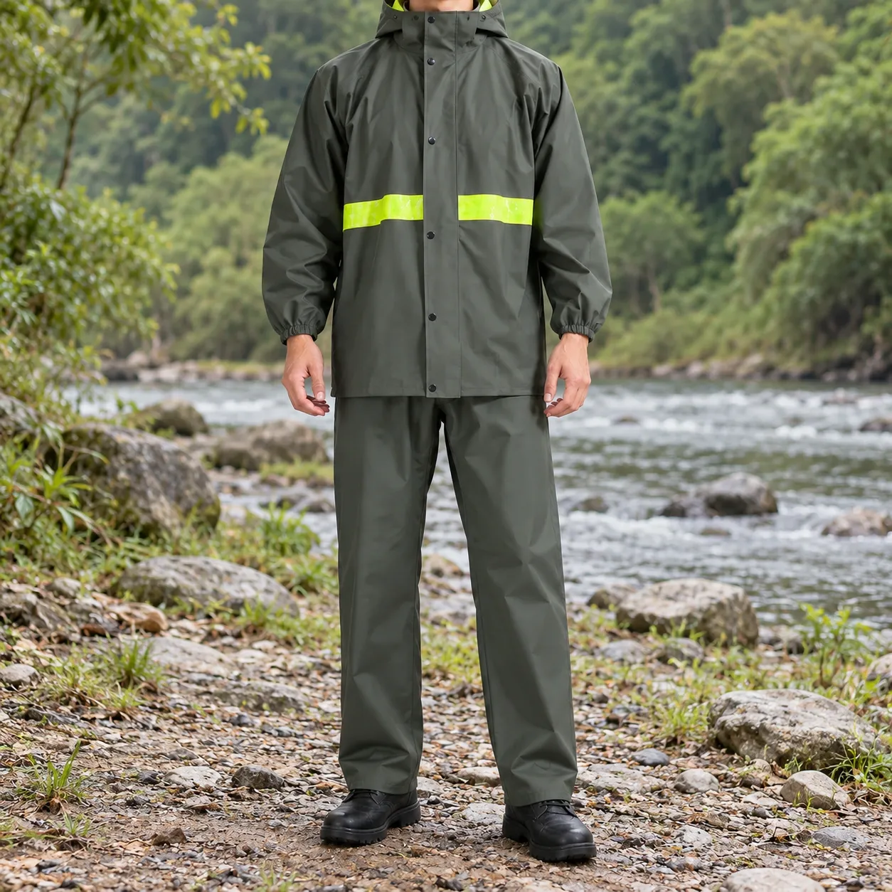 Garrett Two-Piece Rain Suit - Front worn view of the two-piece green rainwear set