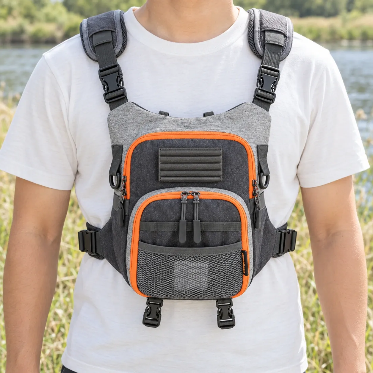 Cedric Fly Fishing Chest Pack - Gray / Orange — central chest pack worn with shoulder and waist support
