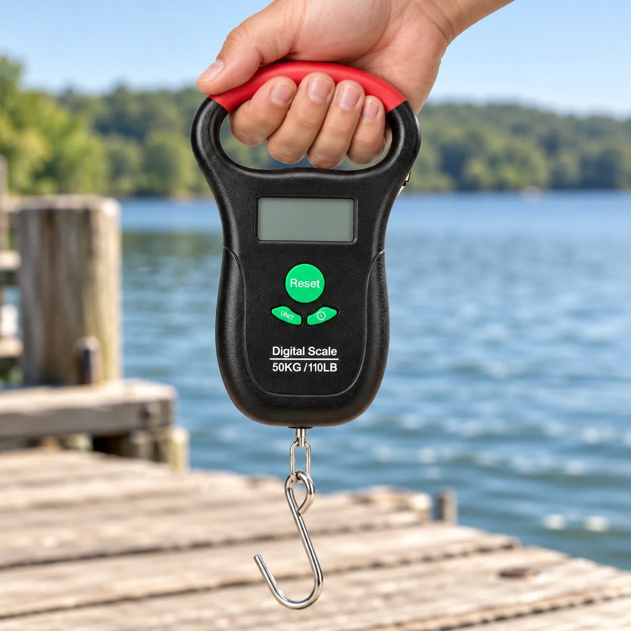 Orson Digital Fishing Scale - Black / Red — held by integral grip, LCD switched off