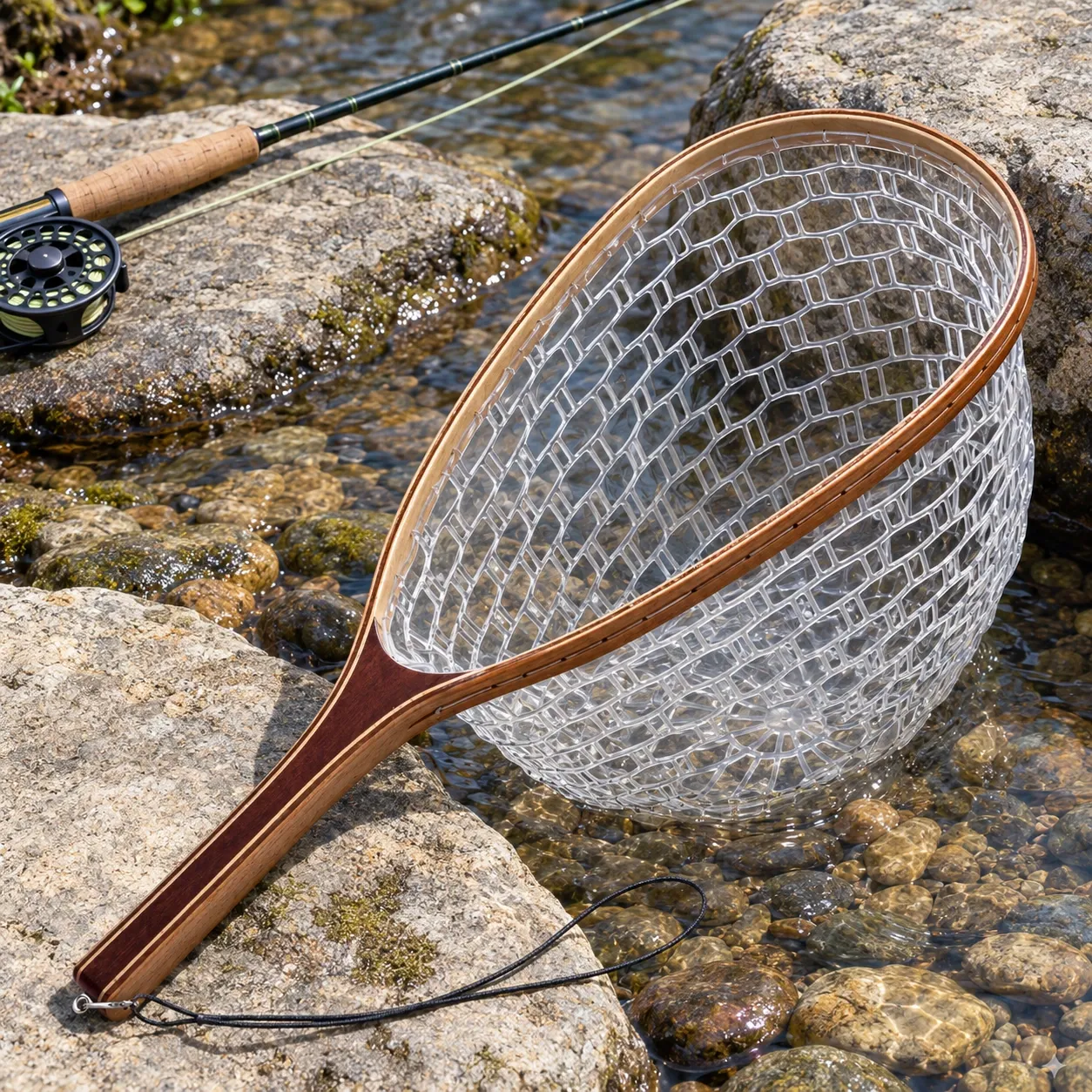 Piers Wooden Landing Net - Brown / Clear — stream-bank net with separate fishing rod