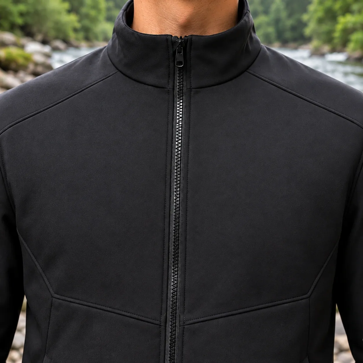 Callow Stand Collar Jacket - Black — collar and seam