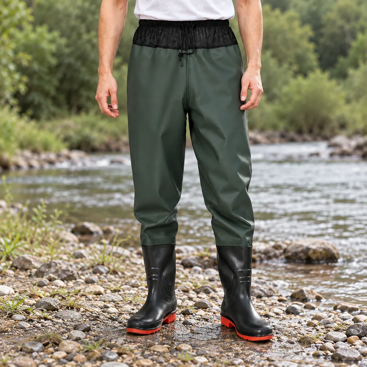 Dalton Waist Waders - Green waist waders worn from the front