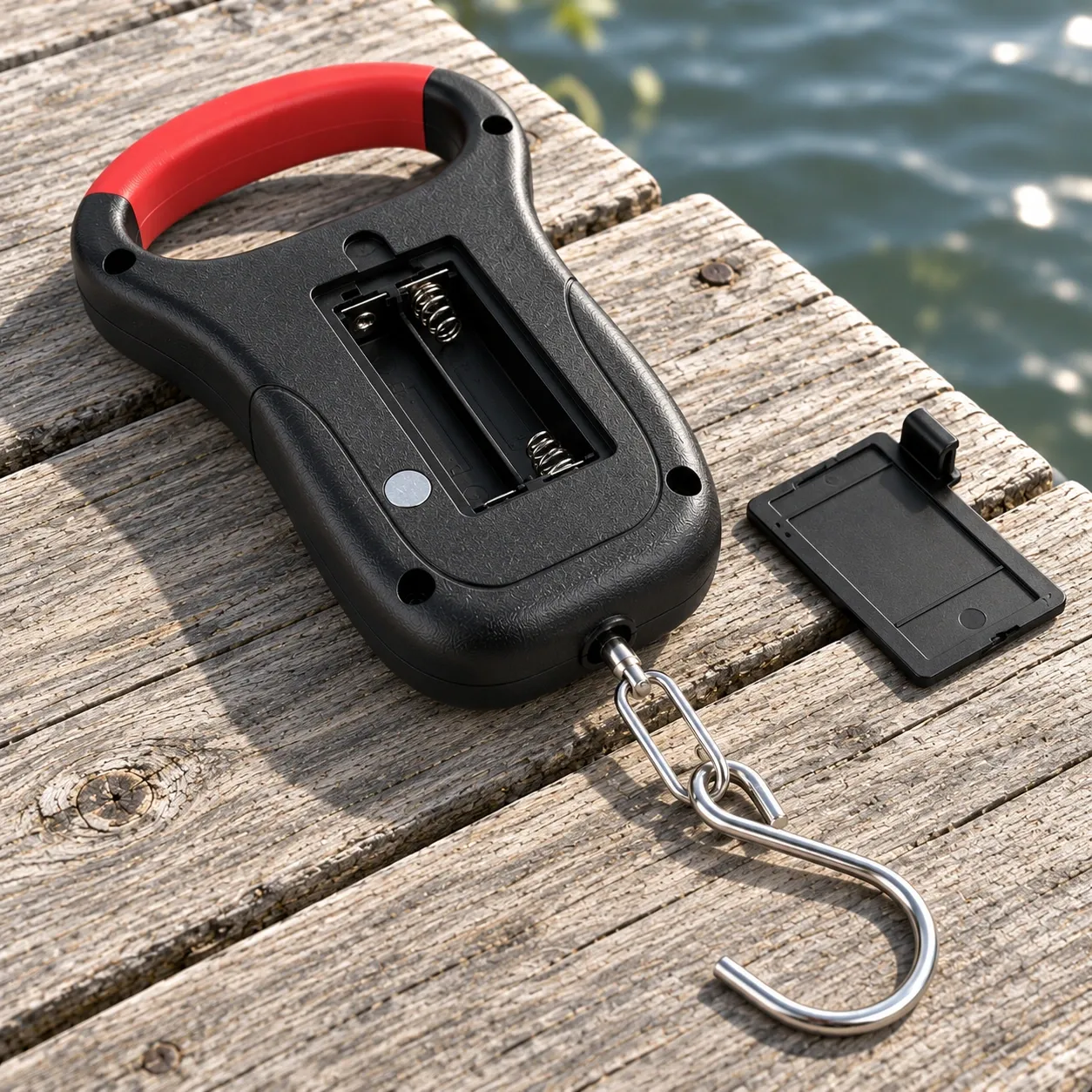 Orson Digital Fishing Scale - Black / Red — rear two-AAA compartment and removable cover