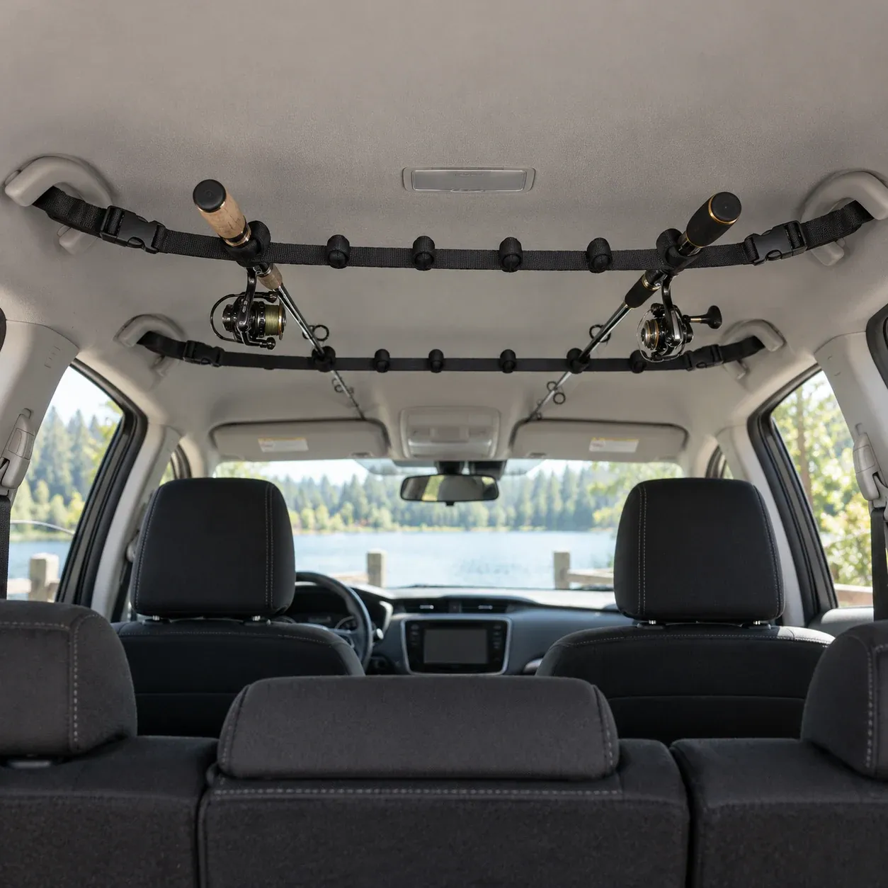 Emerson Car Rack - Black, two straps - in a furnished setting; other objects not included