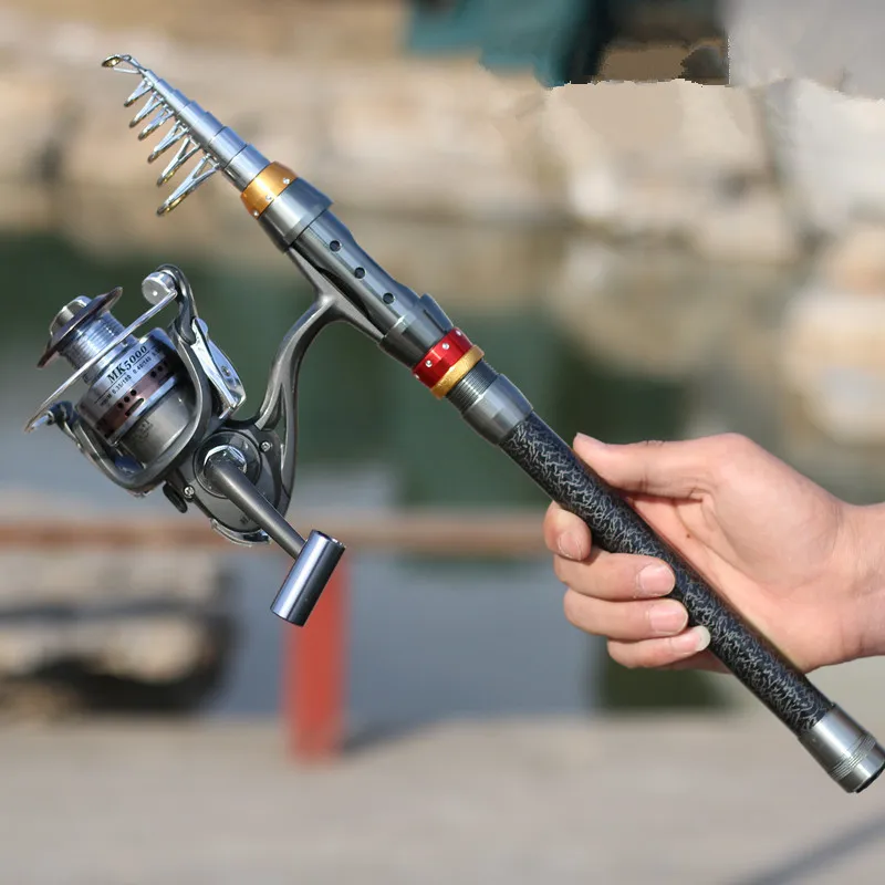 Collapsed telescopic rod with MK5000 spinning reel and red/gold reel seat