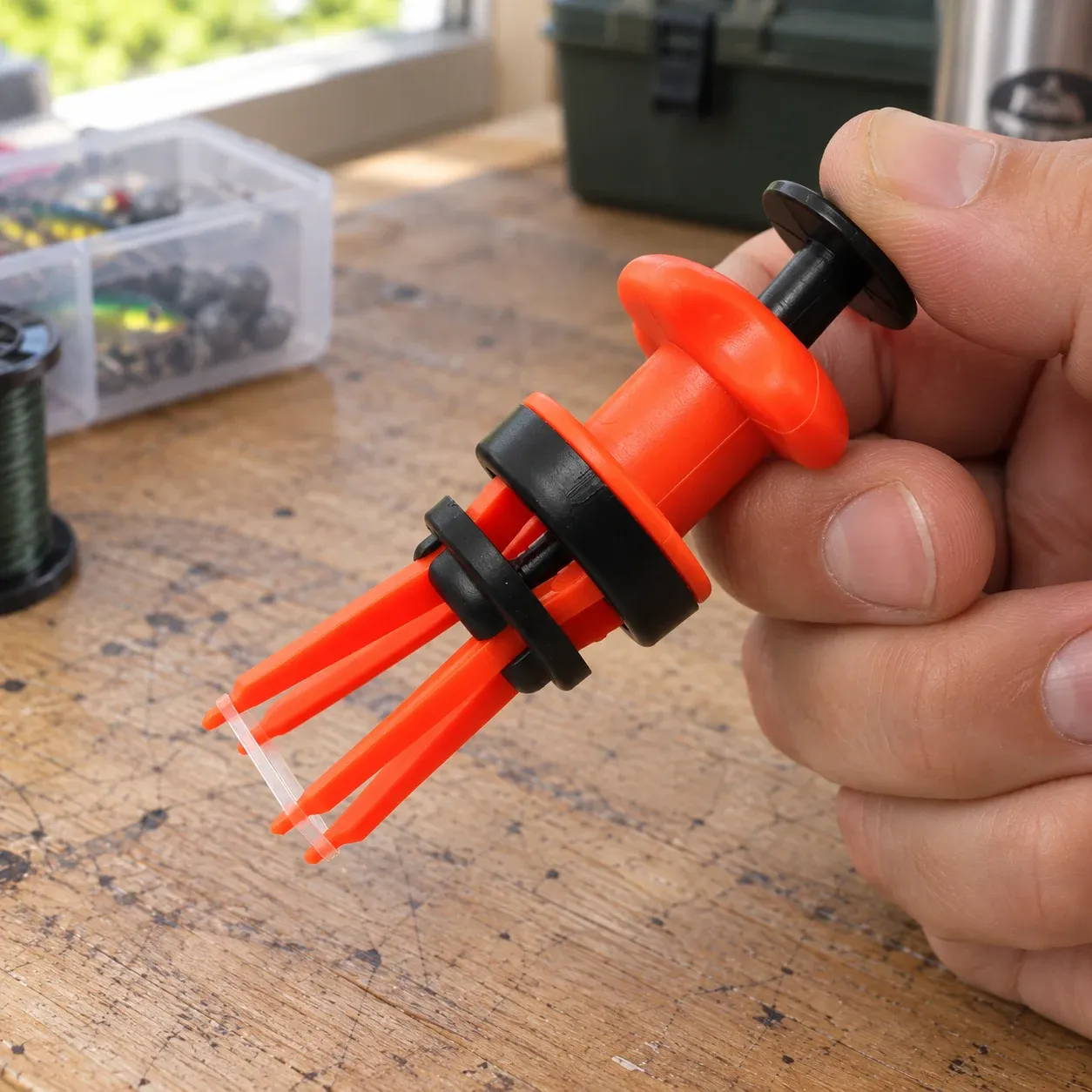 Pellet Bait Banding Tool in a source-supported fishing workbench context; demonstration tackle props are not included