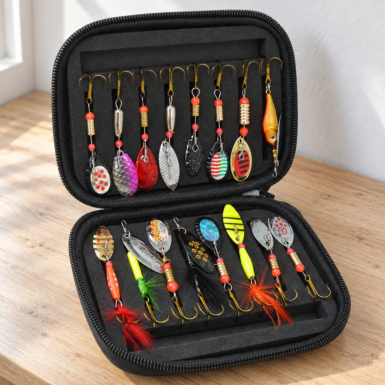 sixteen mixed spinner lure kit in black zip case: lead view