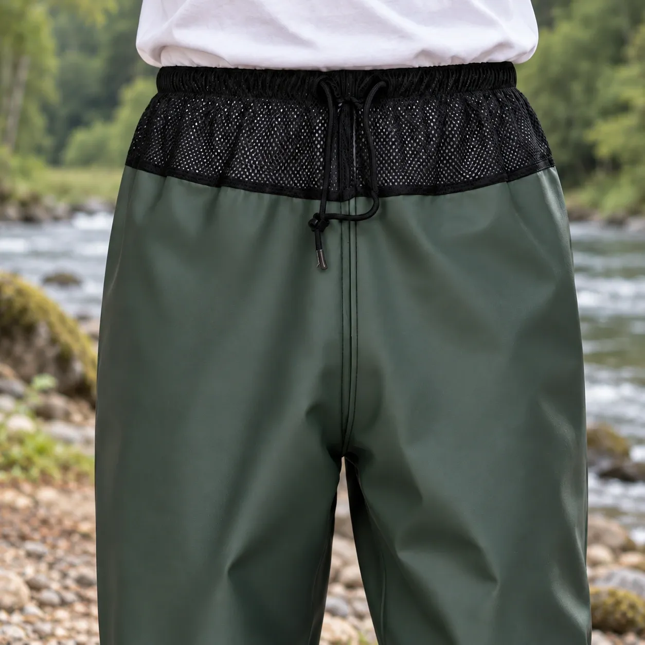 Dalton Waist Waders - Green gathered waist and front drawcord detail