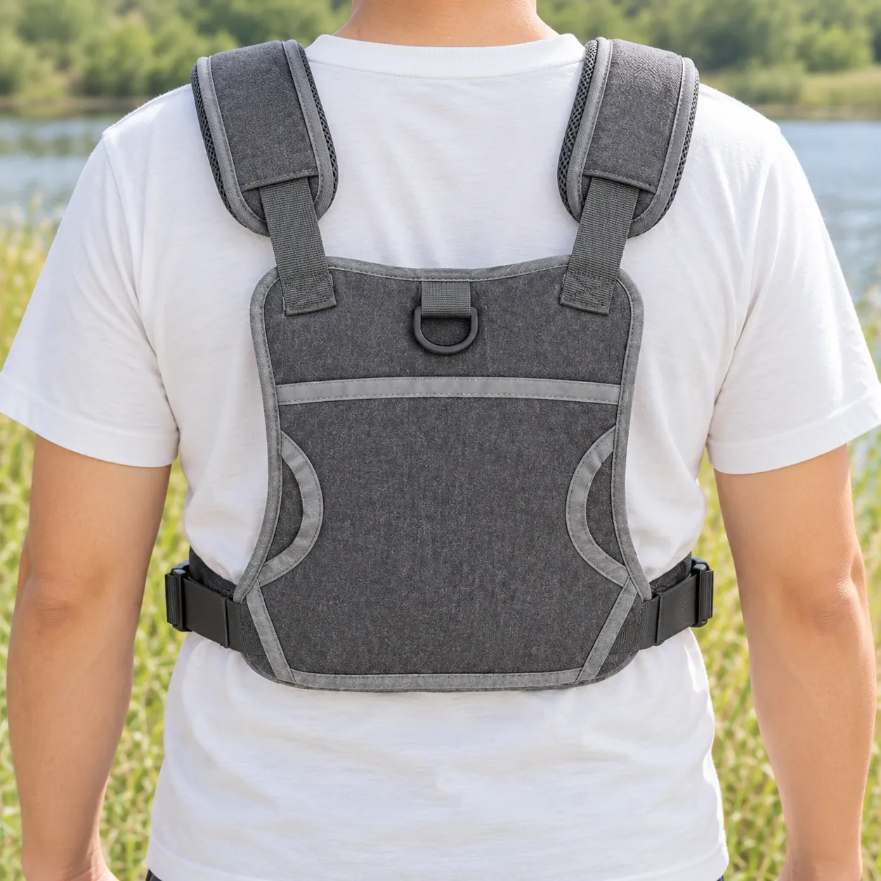 Cedric Fly Fishing Chest Pack - Gray — actual outer rear padded harness and shoulder connections