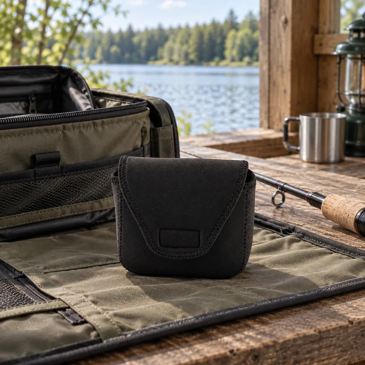 Easton Reel Cover - Black, double-layer spinning-reel cover - in a furnished setting; other objects not included