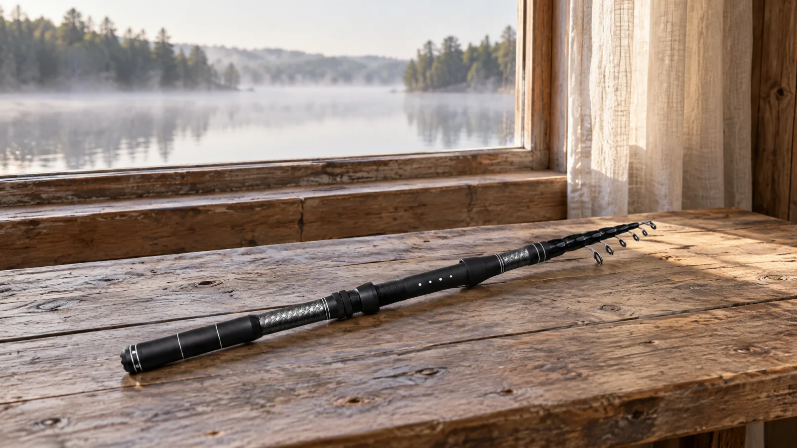 Collapsed fishing rod on a timber bench overlooking a misty lake
