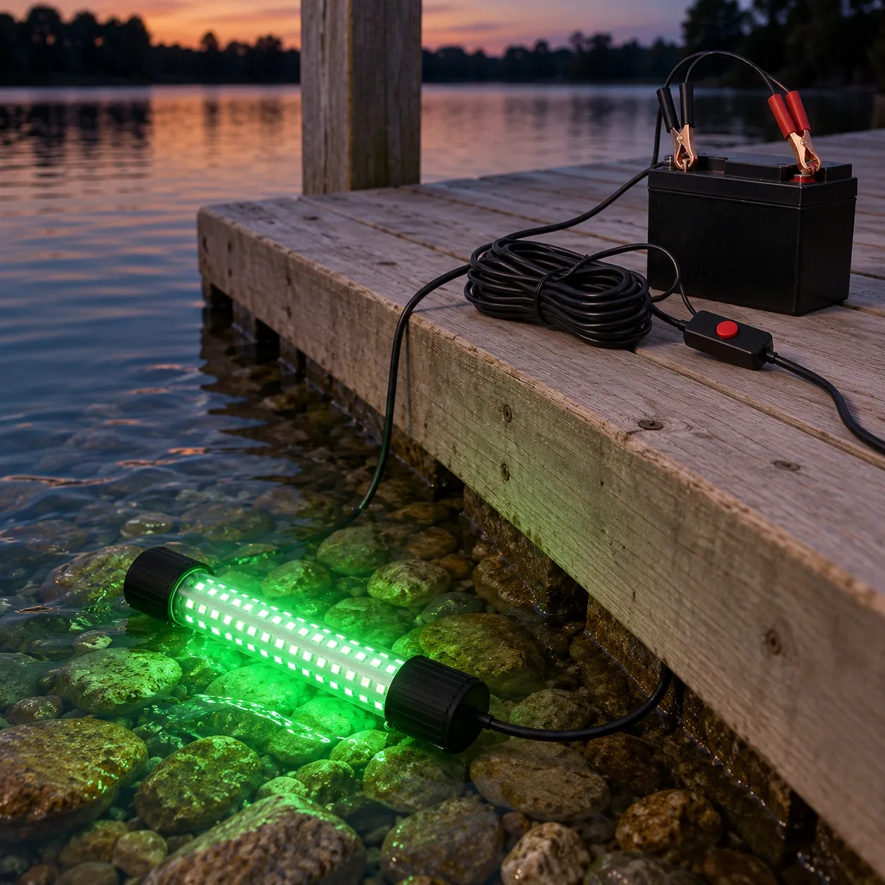 Porter Fishing Light - Green underwater light beside a dock — battery separate