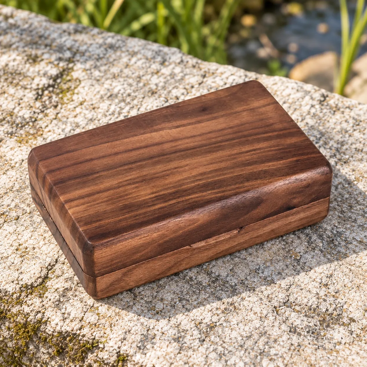 Closed plain dark walnut fly fishing box