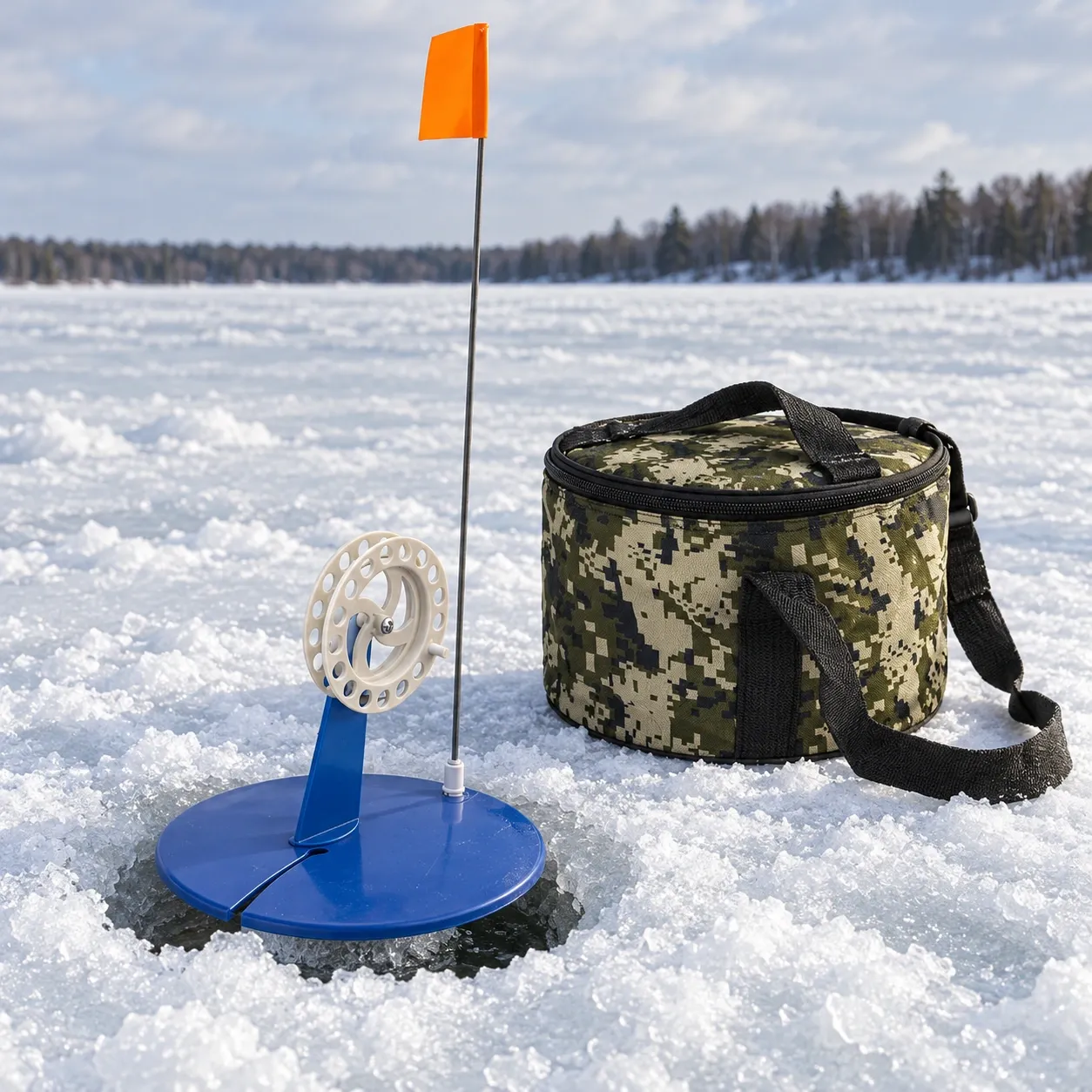Bram Ice Fishing Tip-Ups - Ice-hole setup with carry bag