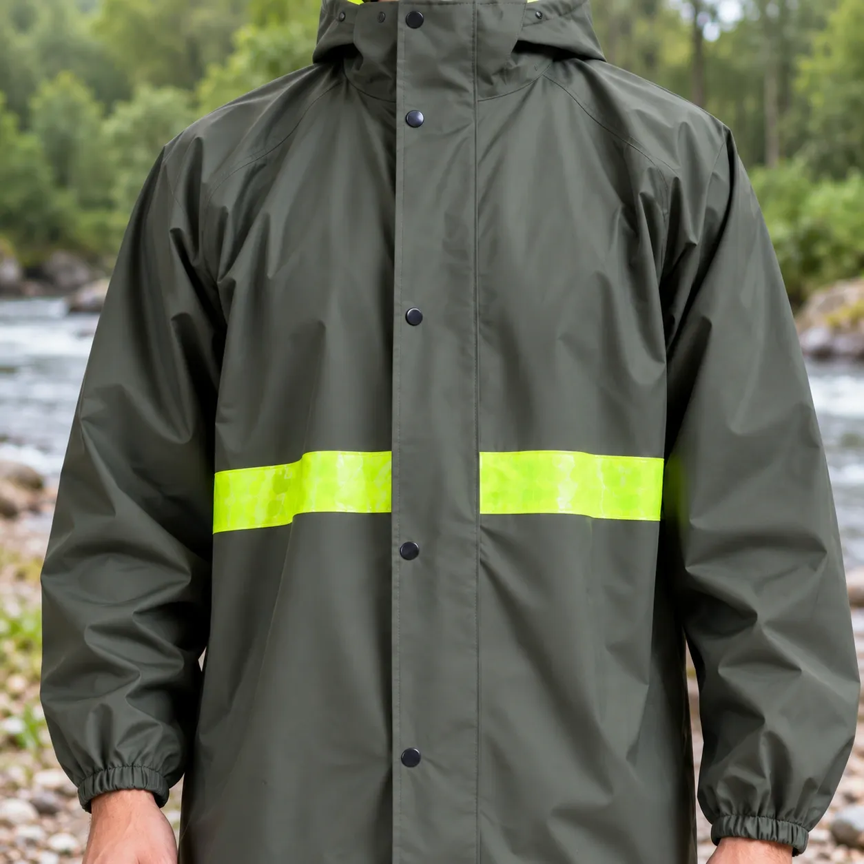 Garrett Two-Piece Rain Suit - Front snap placket and reflective trim detail
