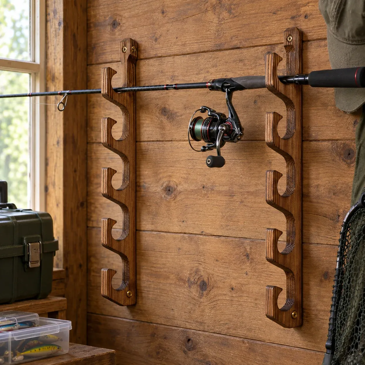 Brown rod rack pair mounted with one demonstration rod — rod and reel not included