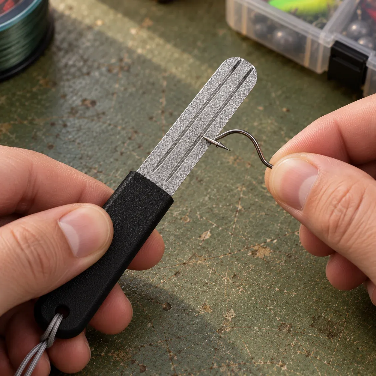 Hands using the black hook sharpener — fishing hook not included