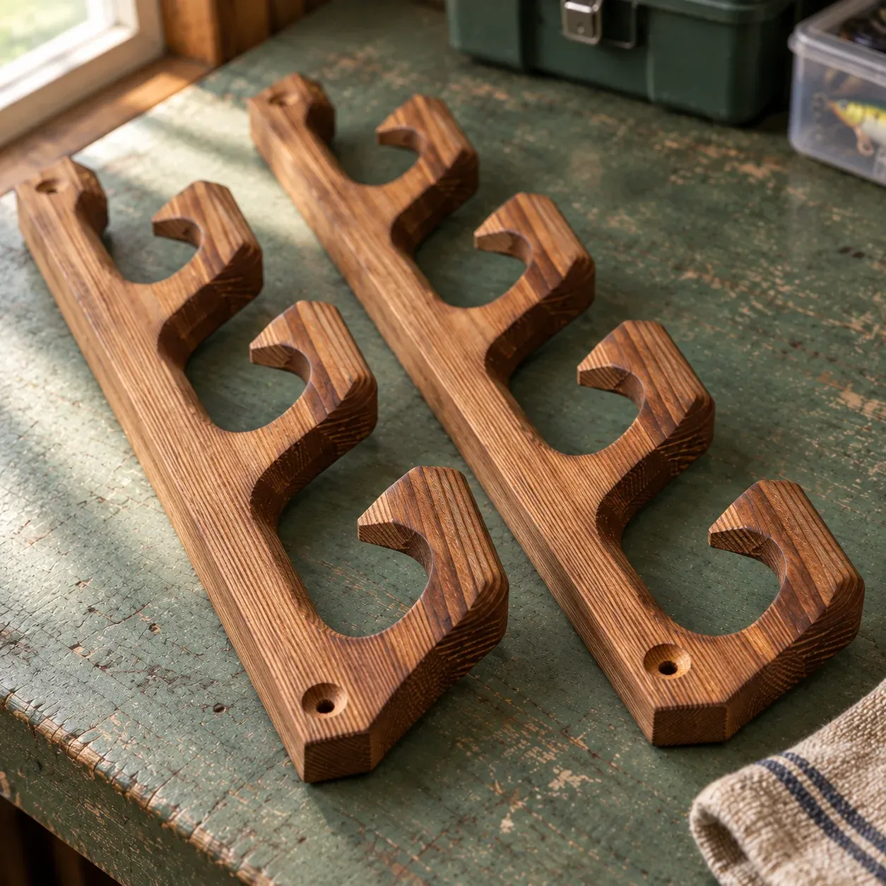 Brown wooden rod rack — close view of shaped hook openings