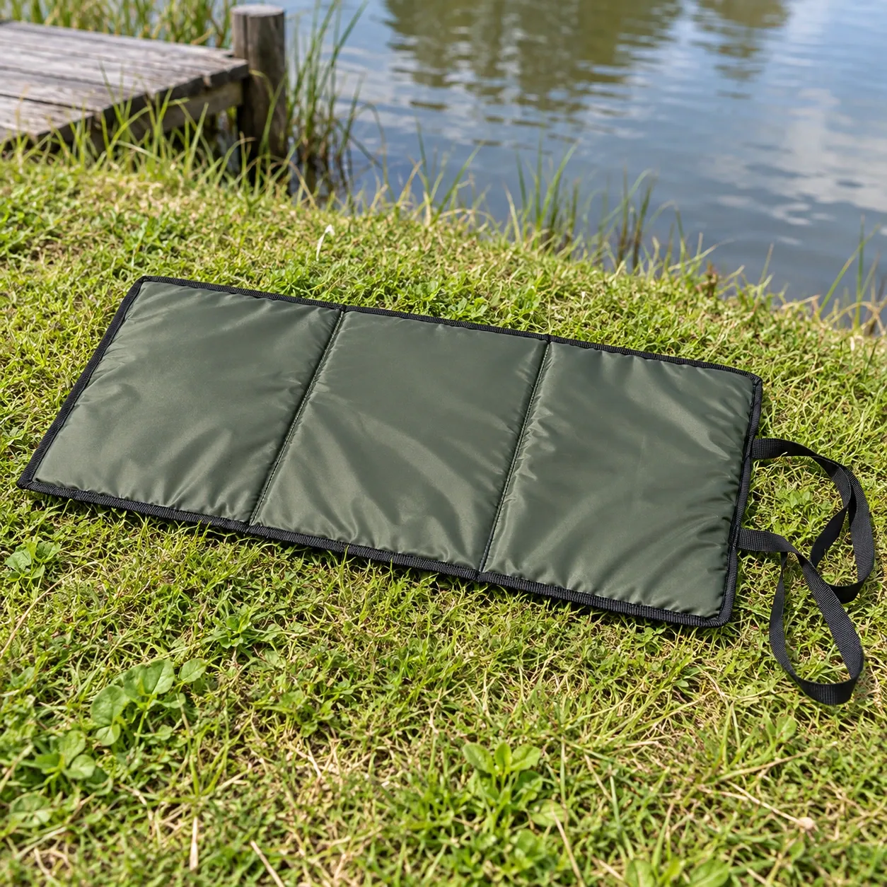 Keir Folding Unhooking Mat - Army Green — complete open three-panel mat