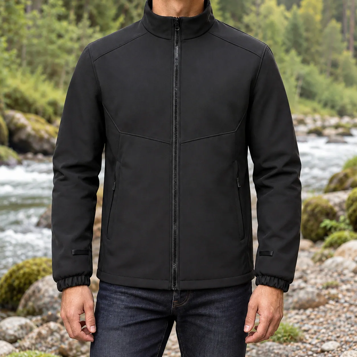 Callow Stand Collar Jacket - Black — full worn front