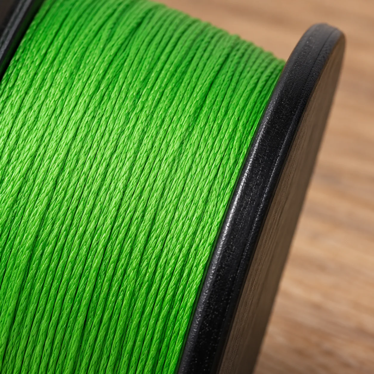 green four-strand braided fishing line on black spool: detail view