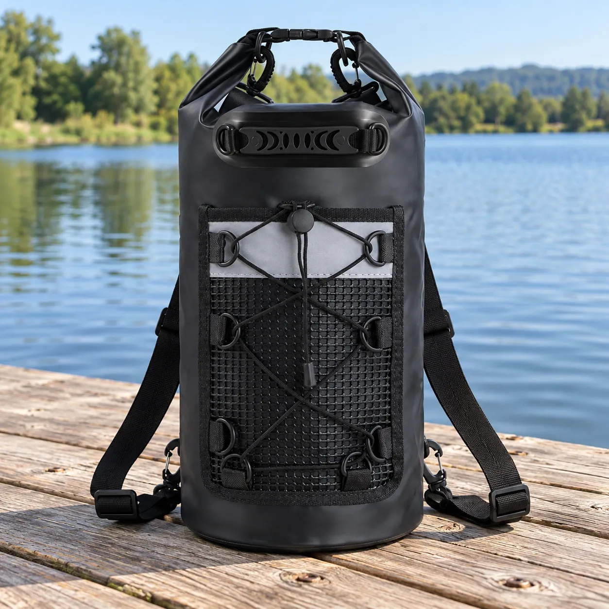Tate Roll-Top Dry Bag - Black / 20L — full roll-top bag and attached shoulder straps