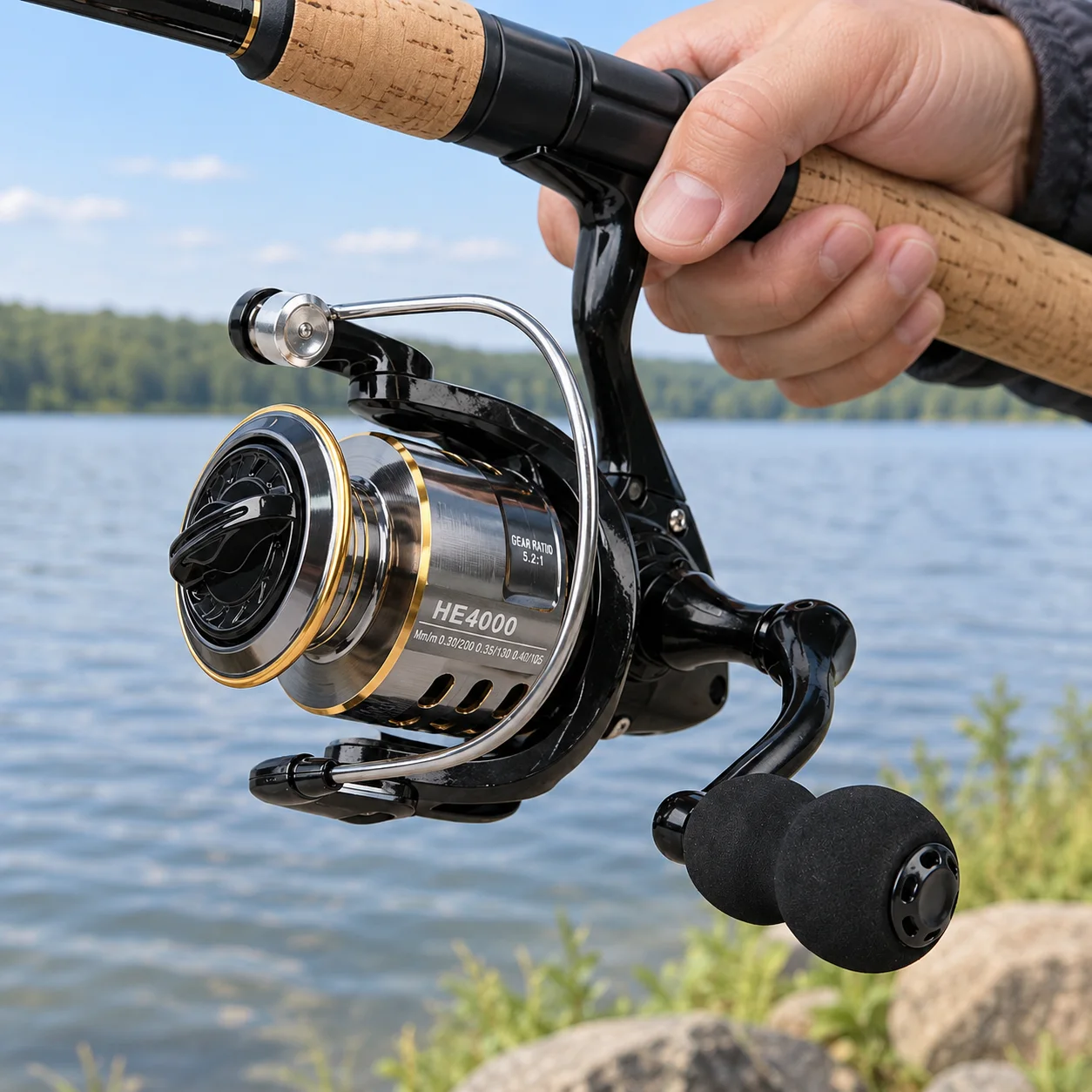 HE4000 front drag spinning reel with black EVA knob: use view; other styling items not included