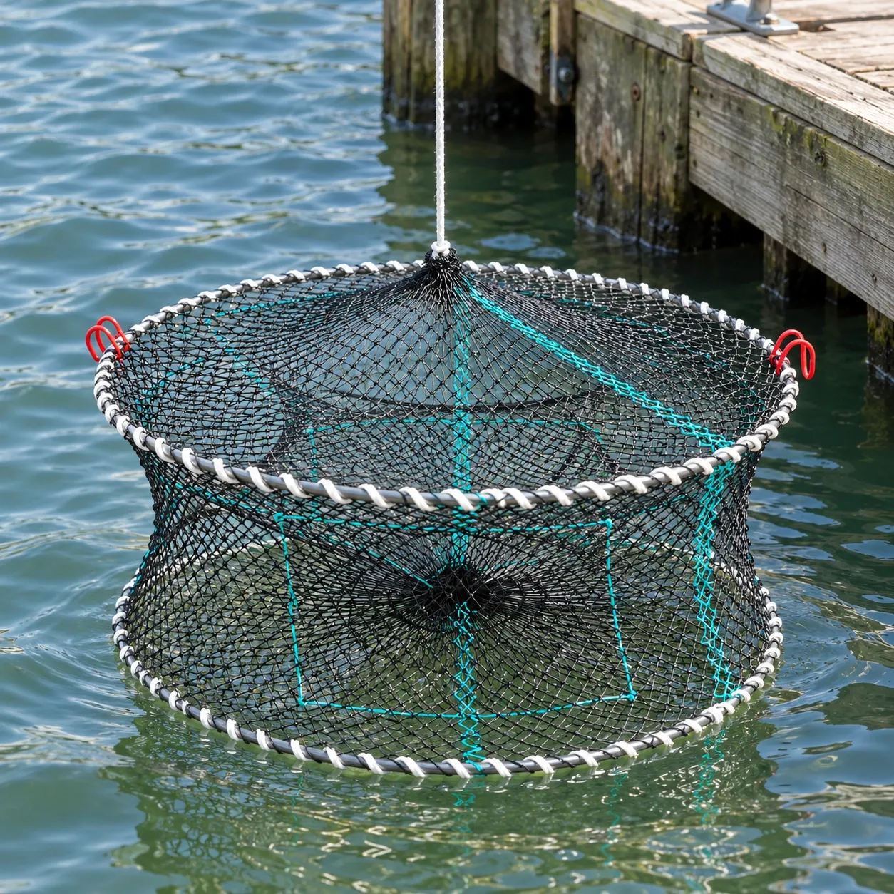 Niall Folding Crab Trap - Lowering the trap at the water edge; long retrieval line not included