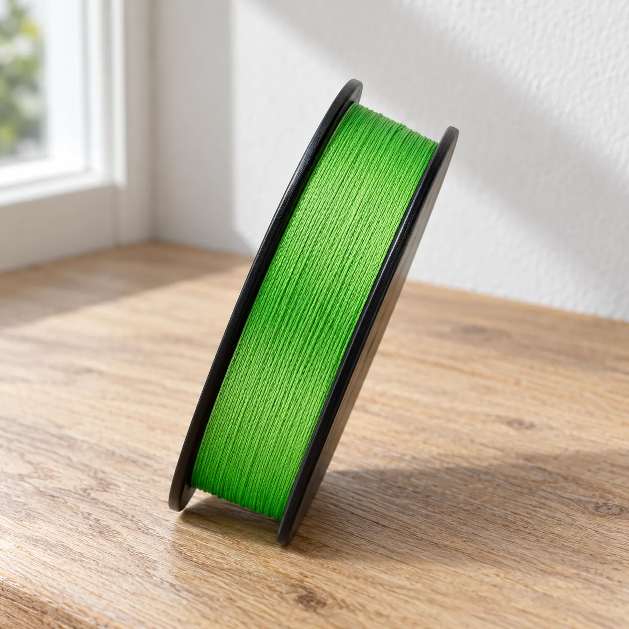 green four-strand braided fishing line on black spool: lead view