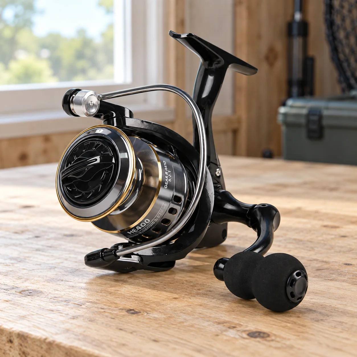 HE4000 front drag spinning reel with black EVA knob: lead view; other styling items not included