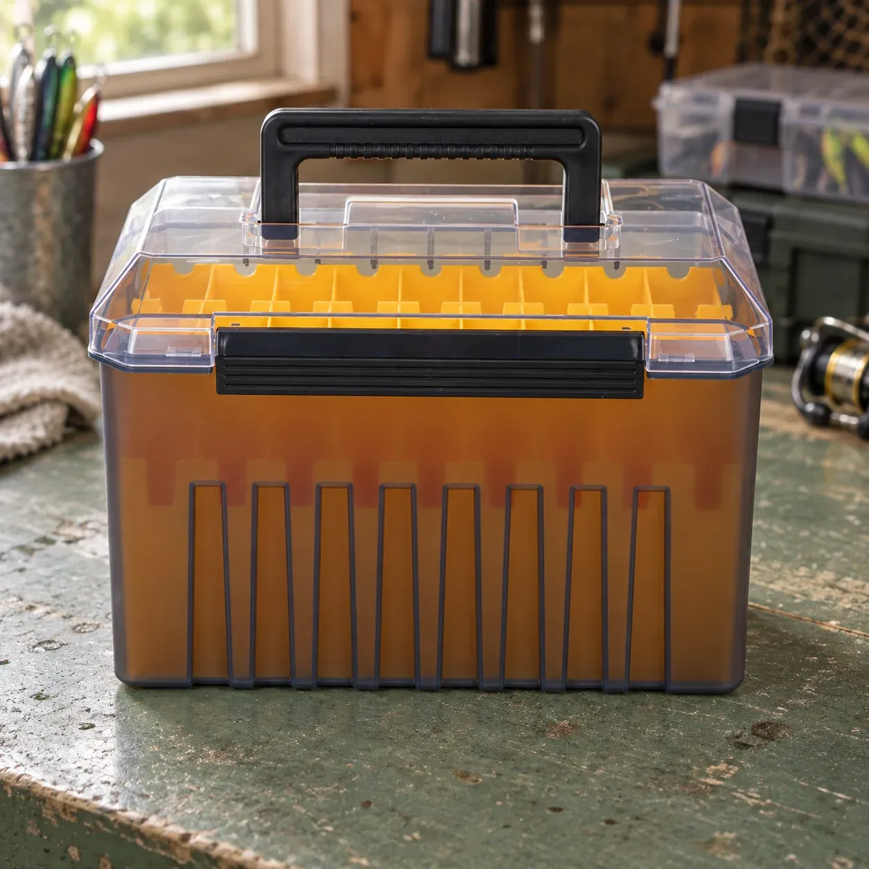 Yellow vertical jig storage box with amber shell