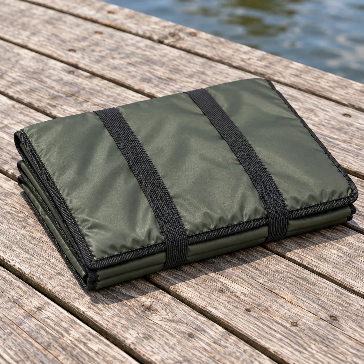 Keir Folding Unhooking Mat - Army Green — folded panels, retaining bands and bound edge